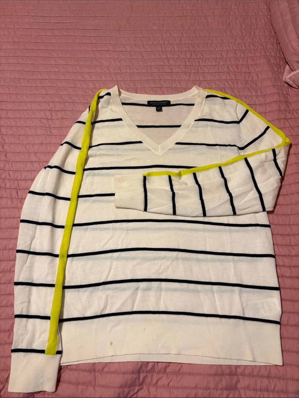 Banana Republic White V-Neck Sweater with Black Stripes and bright Yellow Trim